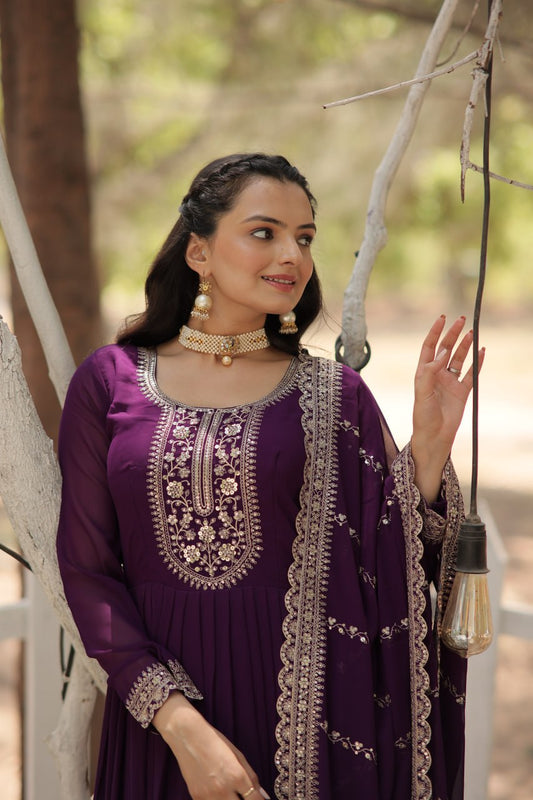 PURPLE COLOR FAUX BLOOMING RICH SEQUENCE EMBROIDERED GOWN