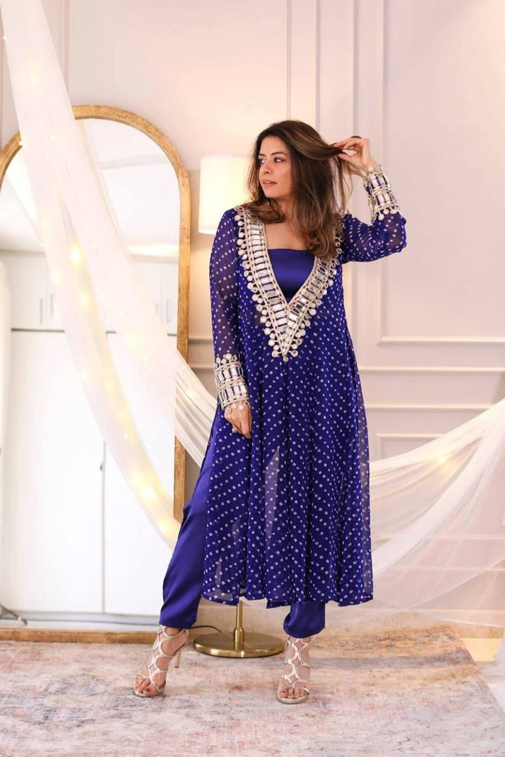 BLUE COLOR BANDHANI PRINT MIRROR WORK CO-ORD SET