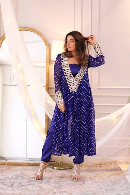 BLUE COLOR BANDHANI PRINT MIRROR WORK CO-ORD SET