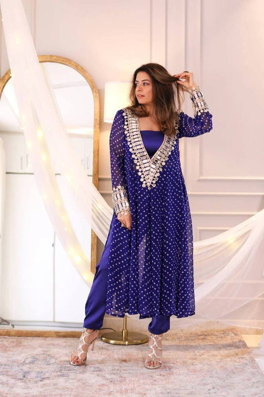BLUE COLOR BANDHANI PRINT MIRROR WORK CO-ORD SET