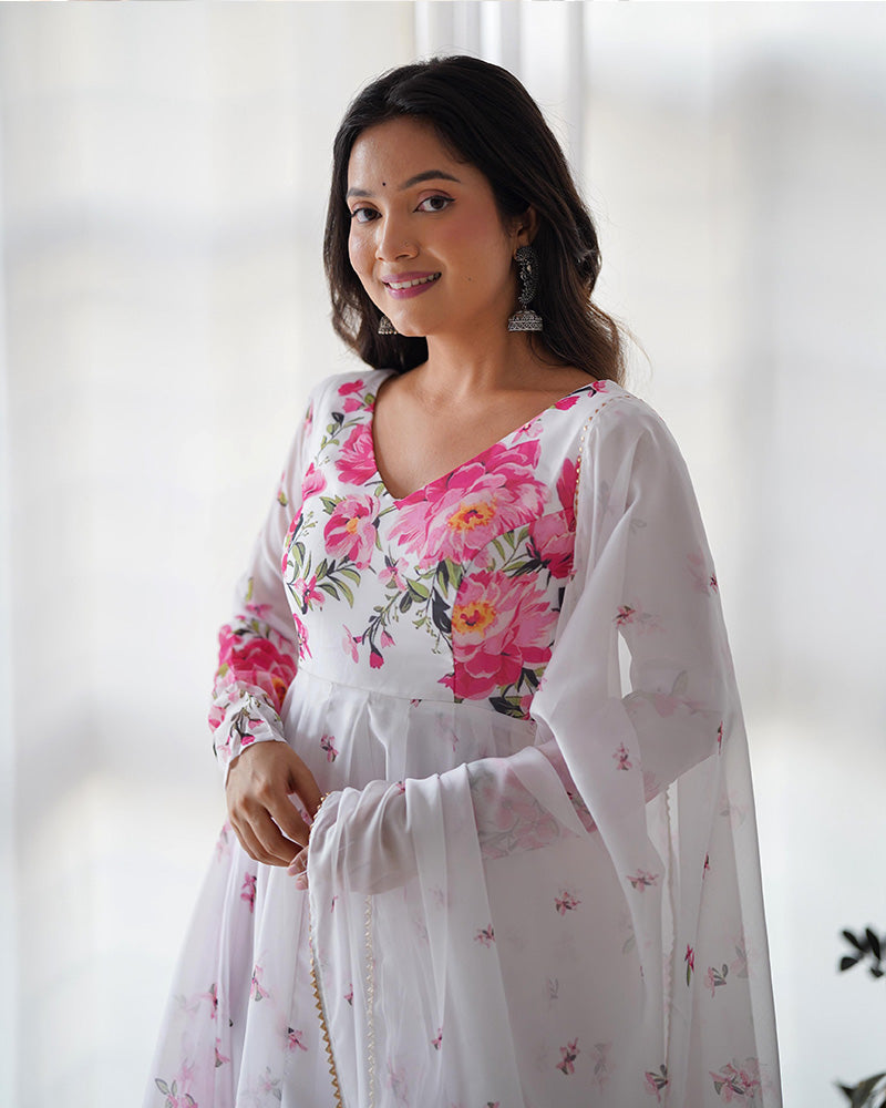 WHITE ORGANZA SILK FLORAL PRINT ANARKALI SUIT SET OF 3