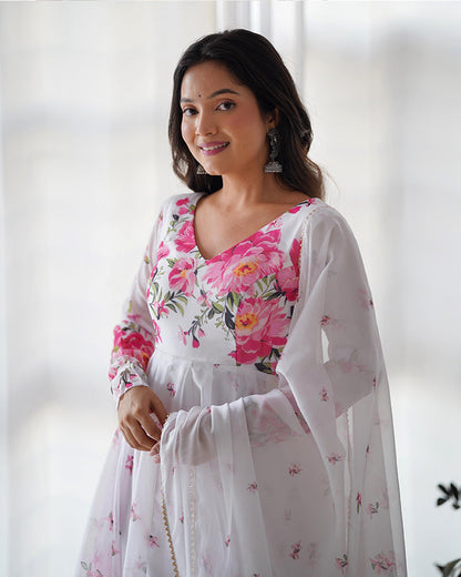 WHITE ORGANZA SILK FLORAL PRINT ANARKALI SUIT SET OF 3