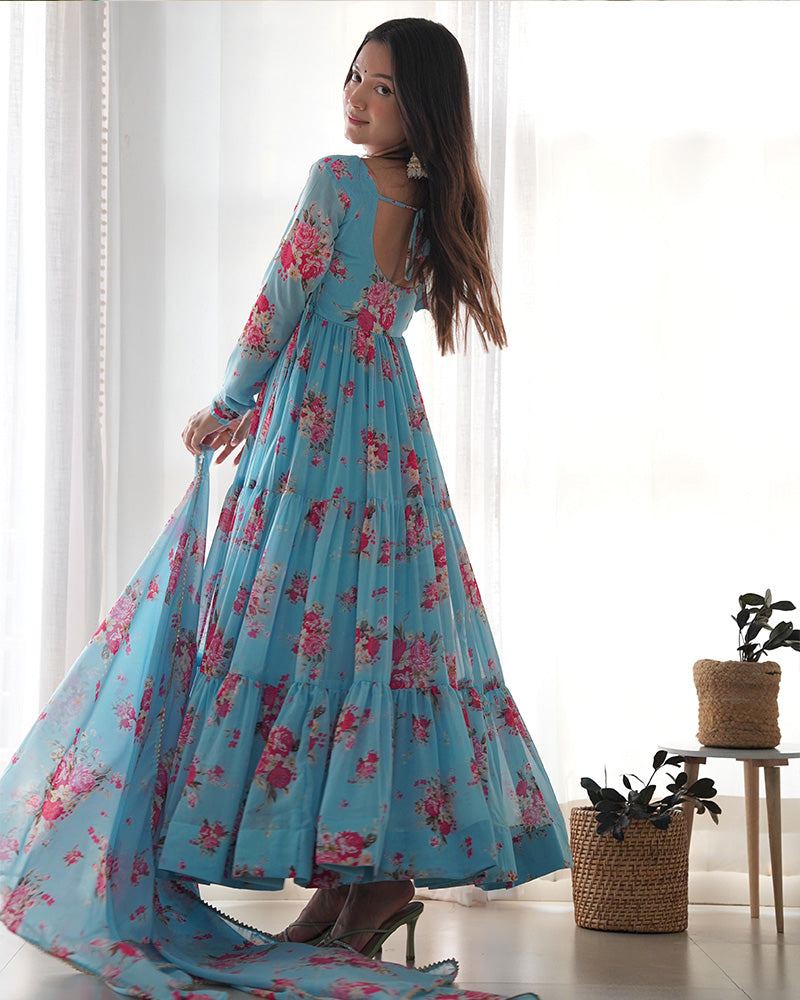 SKY BLUE COLOR GEORGETTE THREE LAYER RUFFLE STYLE ANARKALI SUIT SET OF 3