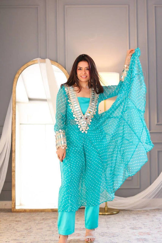 TURQUOISE BLUE COLOR BANDHANI PRINT MIRROR WORK CO-ORD SET