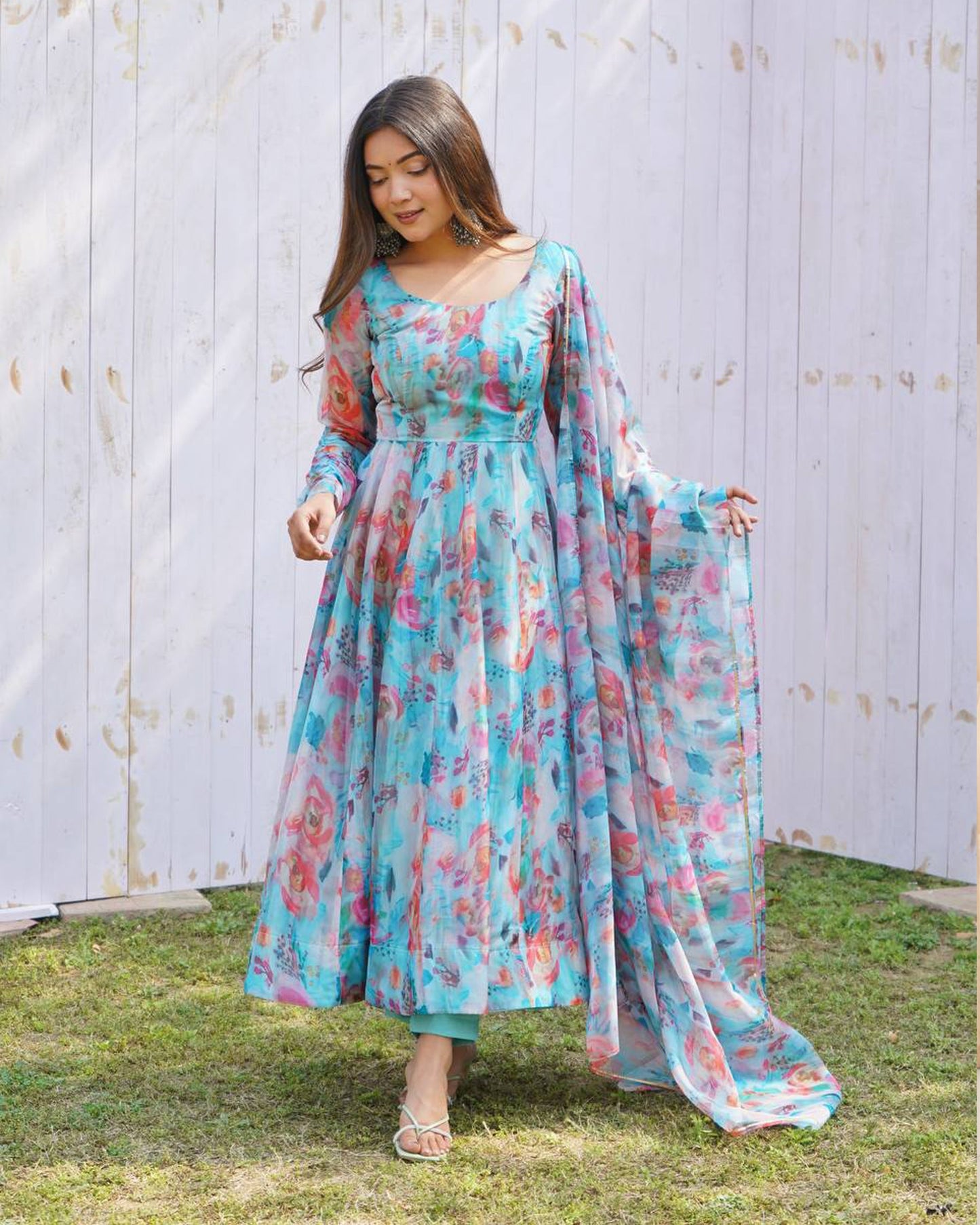 SKY BLUE MULTI COLOR PRINT ORGANZA ANARKALI SUIT SET OF 3
