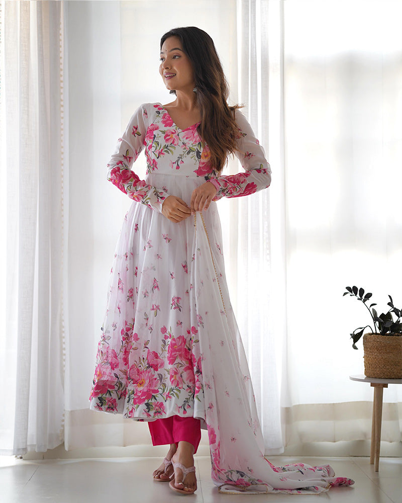 WHITE ORGANZA SILK FLORAL PRINT ANARKALI SUIT SET OF 3