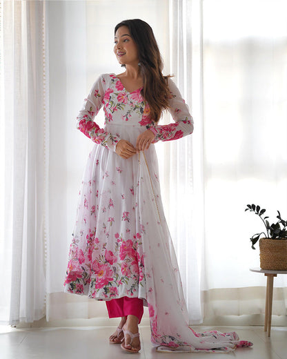 WHITE ORGANZA SILK FLORAL PRINT ANARKALI SUIT SET OF 3