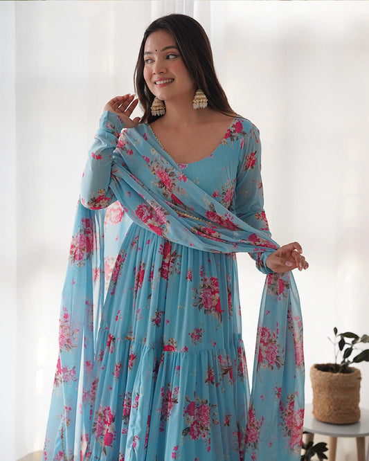 SKY BLUE COLOR GEORGETTE THREE LAYER RUFFLE STYLE ANARKALI SUIT SET OF 3