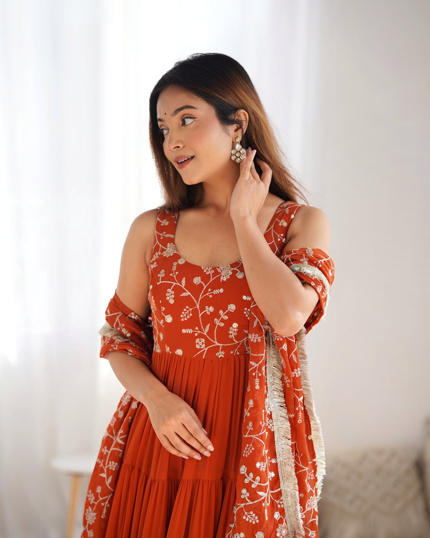 ORANGE COLOR GEORGETTE FIVE LAYER RUFFLE STYLE ANARKALI SUIT