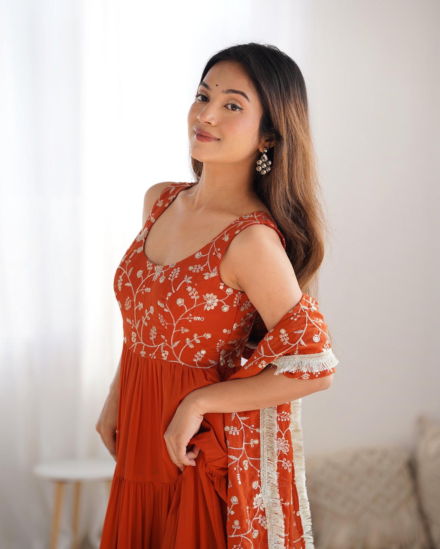 ORANGE COLOR GEORGETTE FIVE LAYER RUFFLE STYLE ANARKALI SUIT
