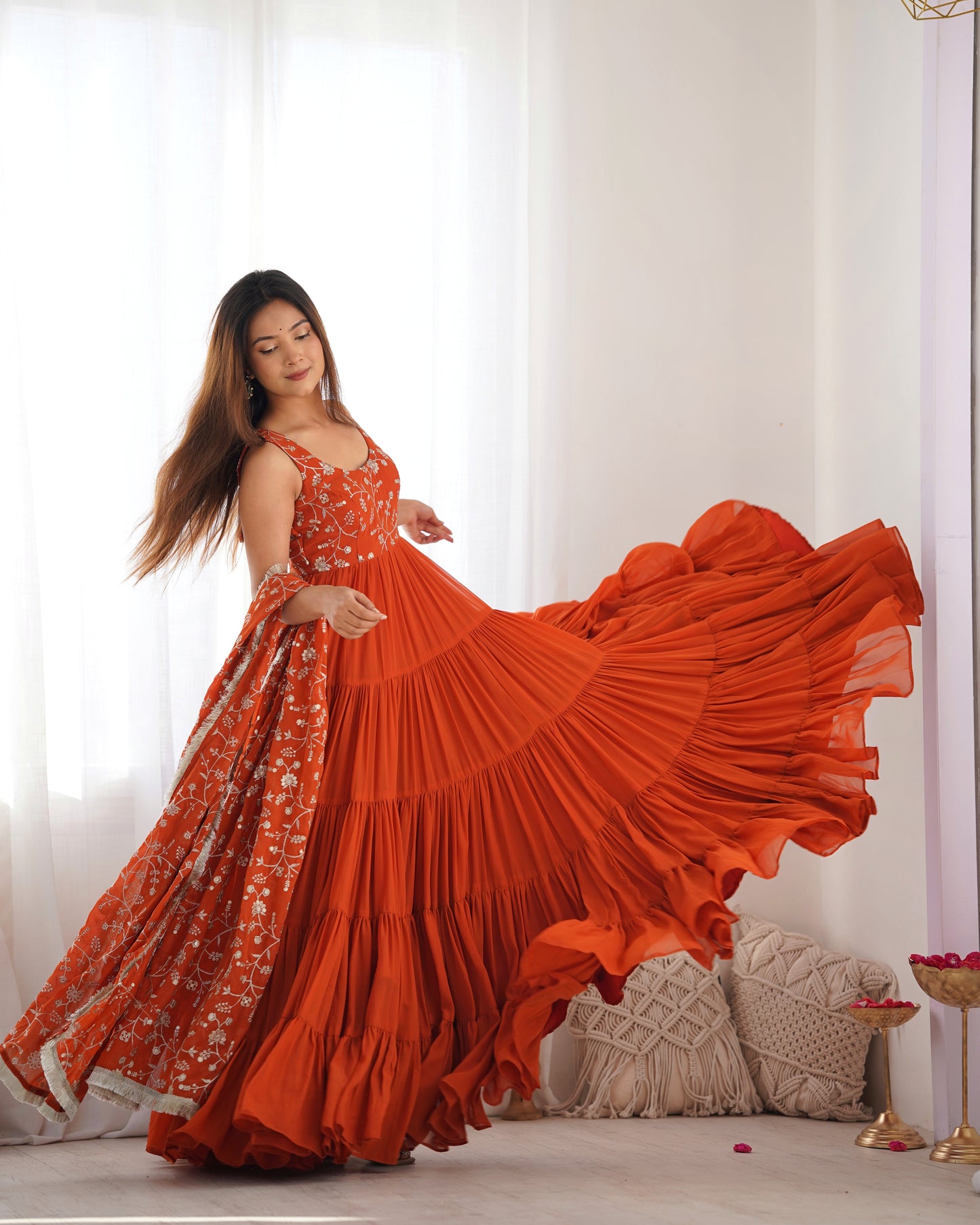 ORANGE COLOR GEORGETTE FIVE LAYER RUFFLE STYLE ANARKALI SUIT