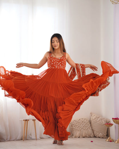 ORANGE COLOR GEORGETTE FIVE LAYER RUFFLE STYLE ANARKALI SUIT