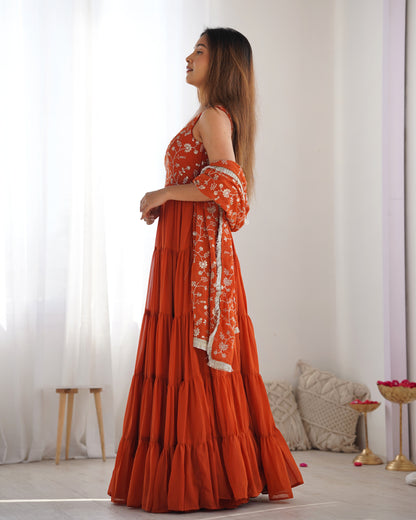 ORANGE COLOR GEORGETTE FIVE LAYER RUFFLE STYLE ANARKALI SUIT