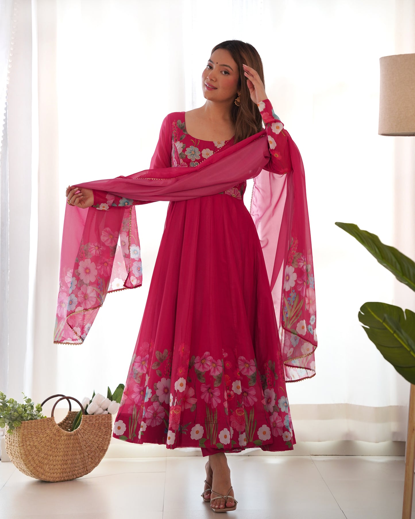 RANI PINK COLOR FLORAL PRINT ORGANZA ANARKALI SUIT SET OF 3
