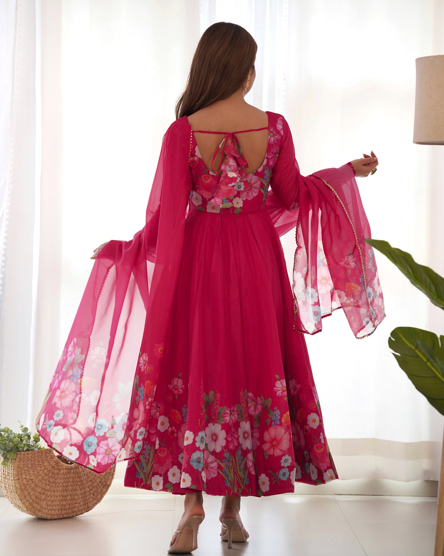 RANI PINK COLOR FLORAL PRINT ORGANZA ANARKALI SUIT SET OF 3