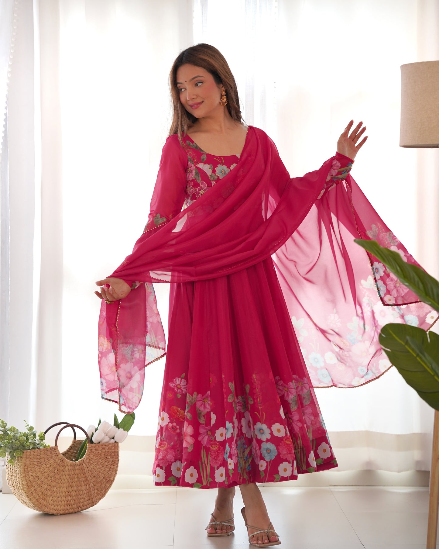 RANI PINK COLOR FLORAL PRINT ORGANZA ANARKALI SUIT SET OF 3