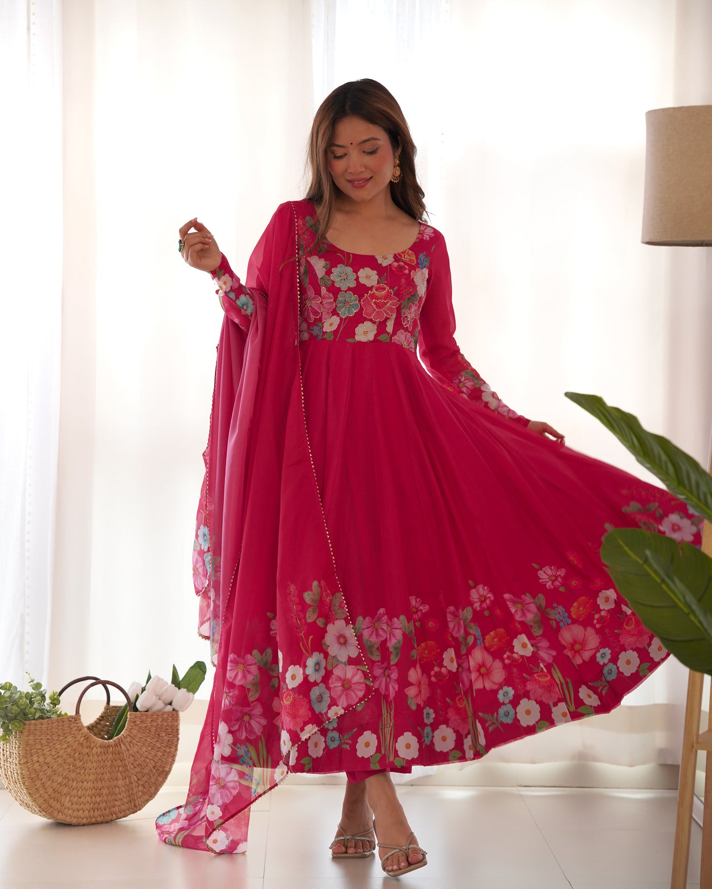 RANI PINK COLOR FLORAL PRINT ORGANZA ANARKALI SUIT SET OF 3