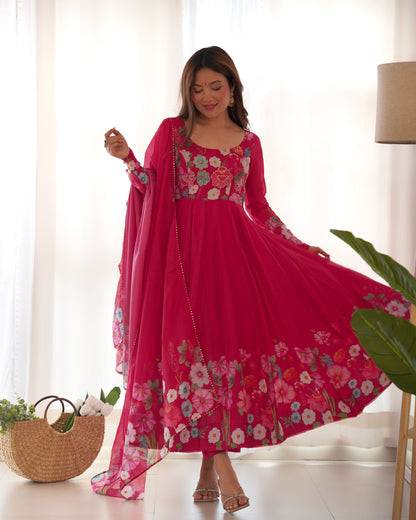RANI PINK COLOR FLORAL PRINT ORGANZA ANARKALI SUIT SET OF 3