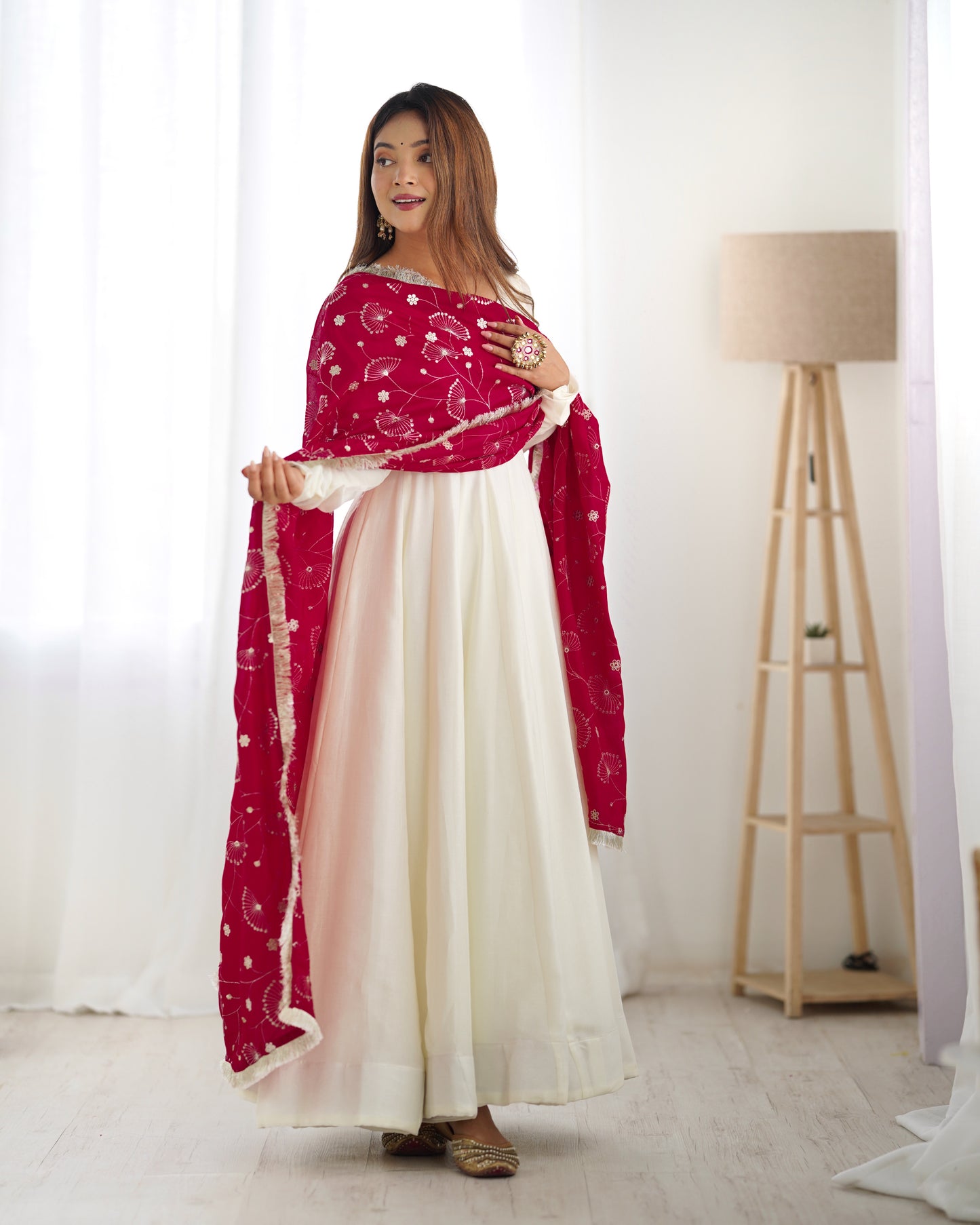 WHITE COLOR SOFT VICHITRA SILK ANARKALI WITH RANI PINK DUPATTA