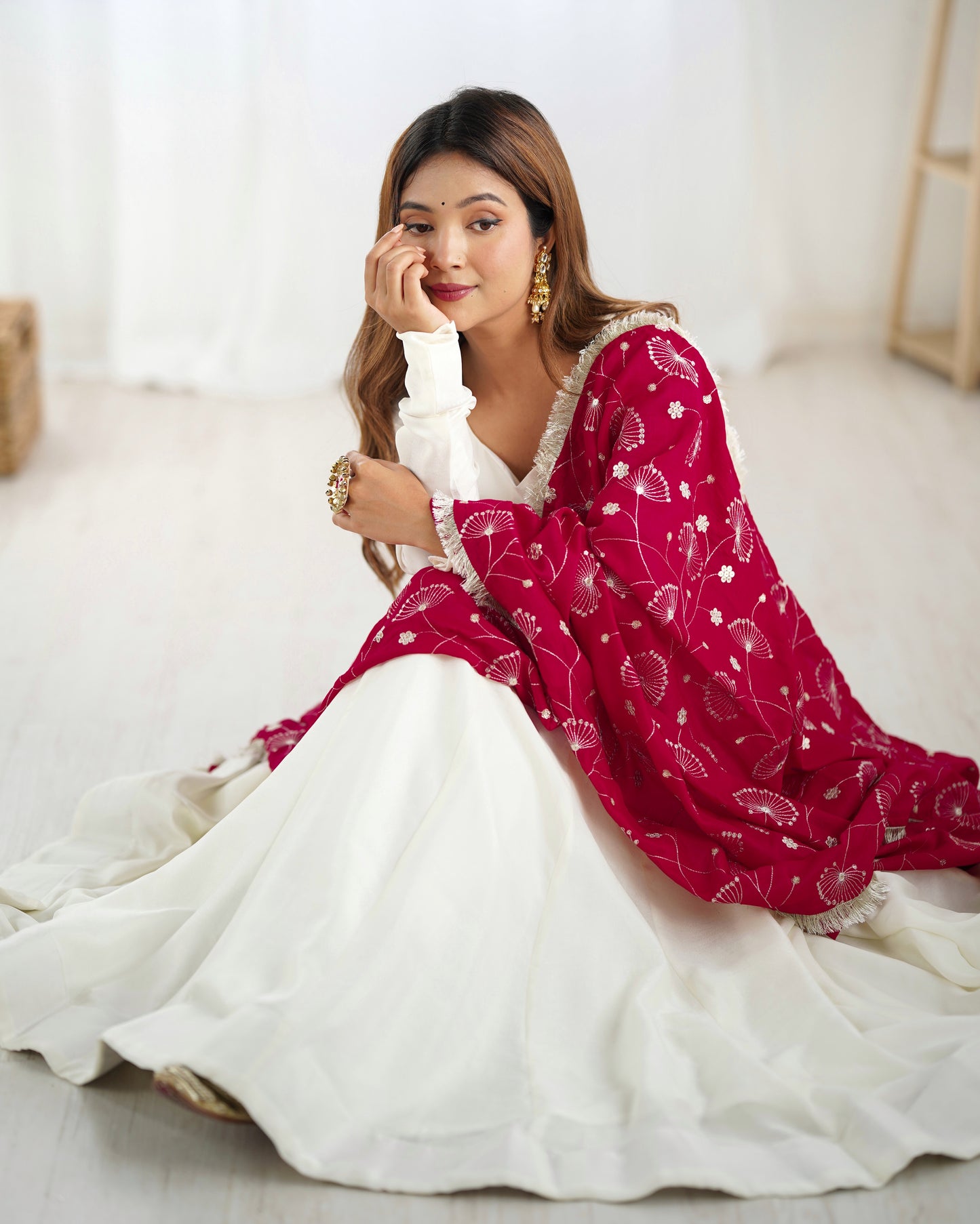 WHITE COLOR SOFT VICHITRA SILK ANARKALI WITH RANI PINK DUPATTA