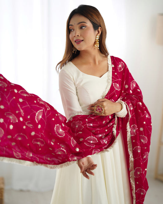 WHITE COLOR SOFT VICHITRA SILK ANARKALI WITH RANI PINK DUPATTA