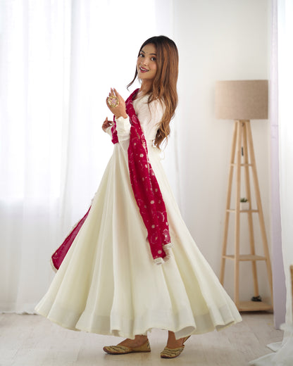 WHITE COLOR SOFT VICHITRA SILK ANARKALI WITH RANI PINK DUPATTA