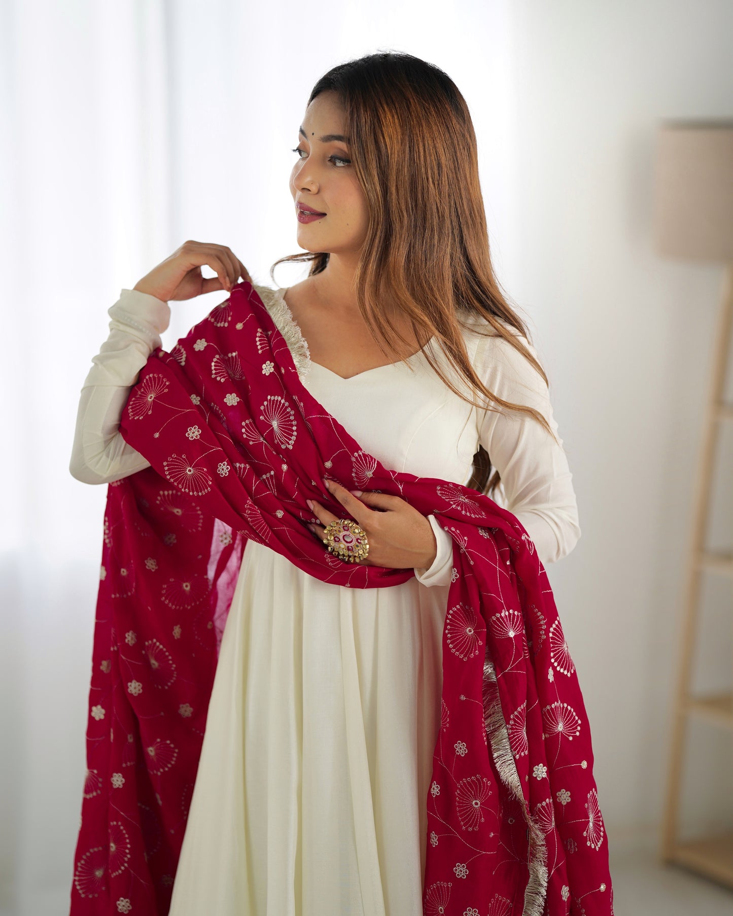 WHITE COLOR SOFT VICHITRA SILK ANARKALI WITH RANI PINK DUPATTA