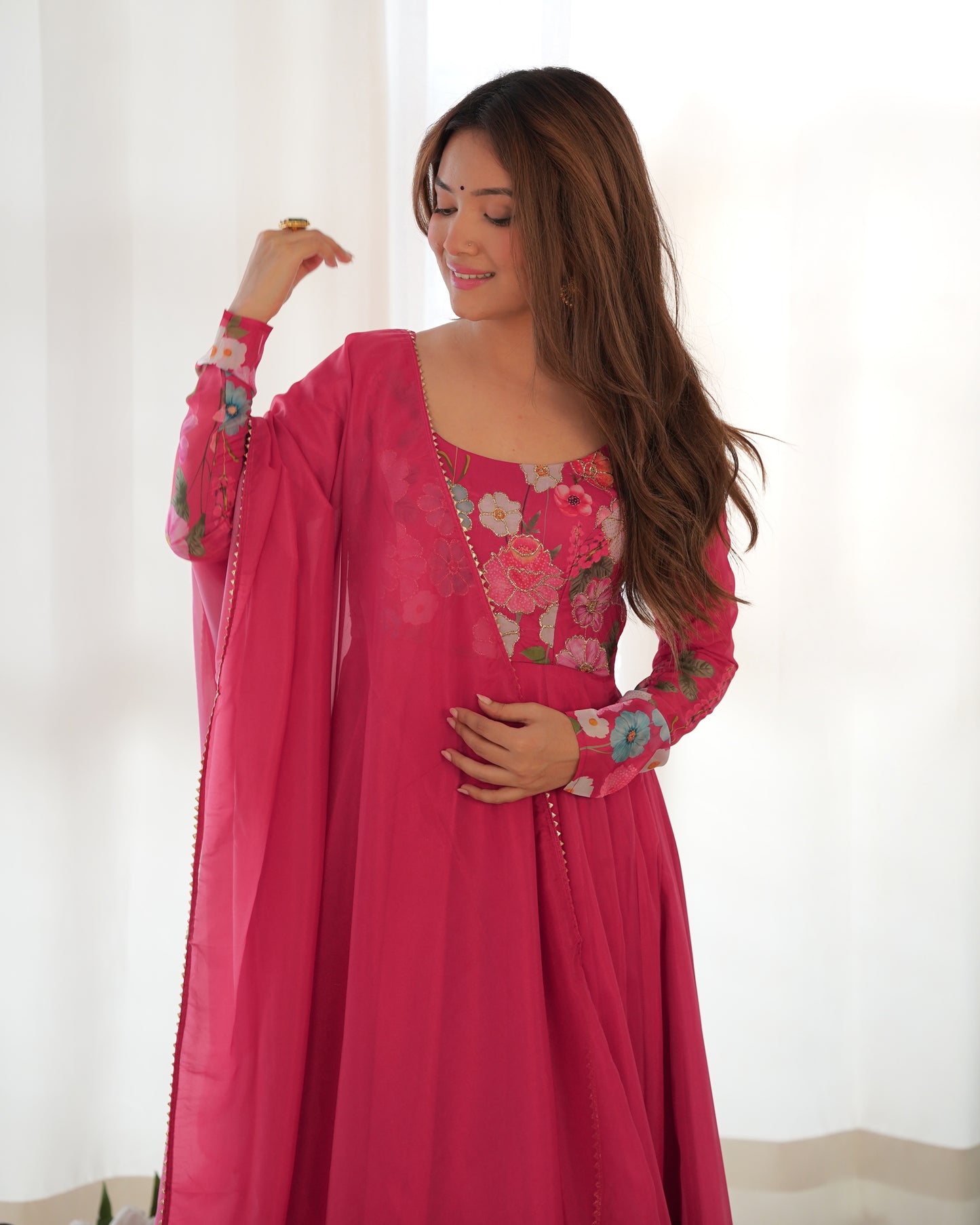 RANI PINK COLOR FLORAL PRINT ORGANZA ANARKALI SUIT SET OF 3