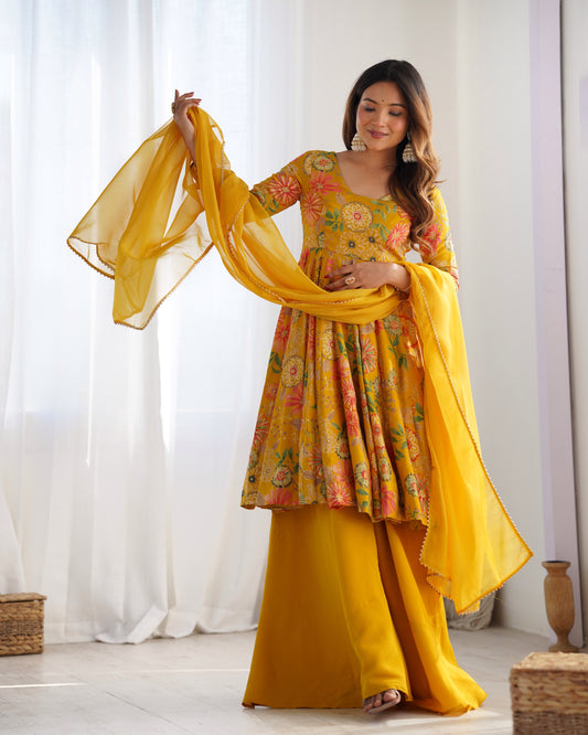 YELLOW COLOR ROMAN SILK BASE PRINTED PLAZZO SUIT SET OF 3