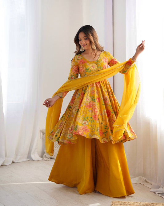 YELLOW COLOR ROMAN SILK BASE PRINTED PLAZZO SUIT SET OF 3