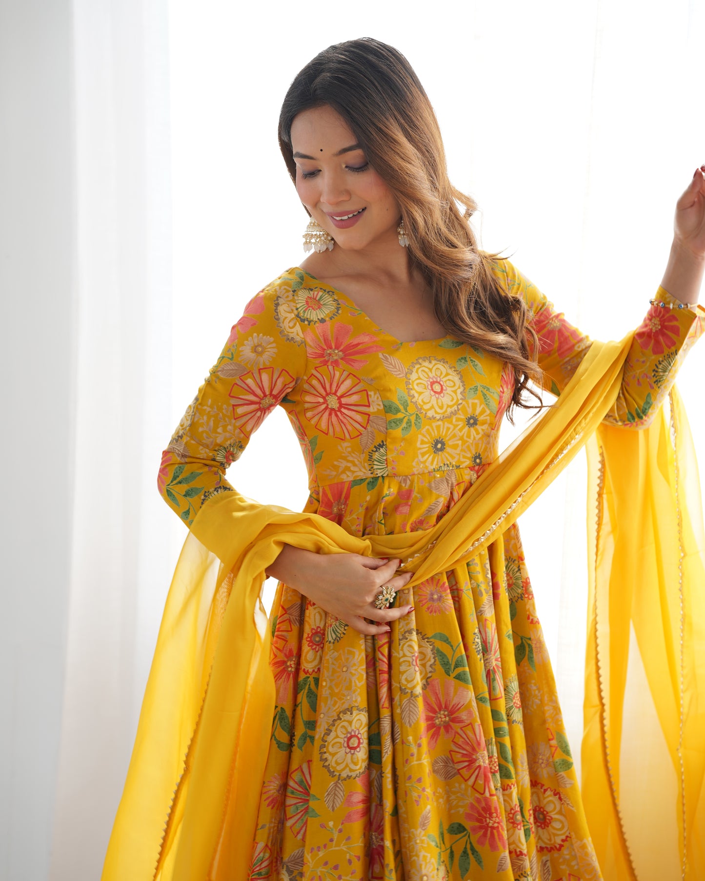 YELLOW COLOR ROMAN SILK BASE PRINTED PLAZZO SUIT SET OF 3