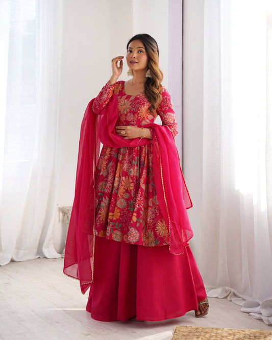 RANI PINK COLOR ROMAN SILK BASE PRINTED PLAZZO SUIT SET OF 3