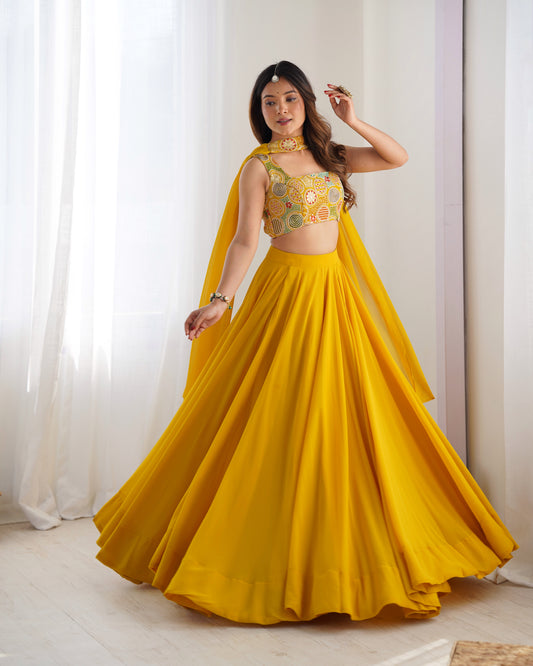 YELLOW COLOR PURE SOFT GEORGETTE LEHENGA WITH FANCY BLOUSE FULLY STITCHED