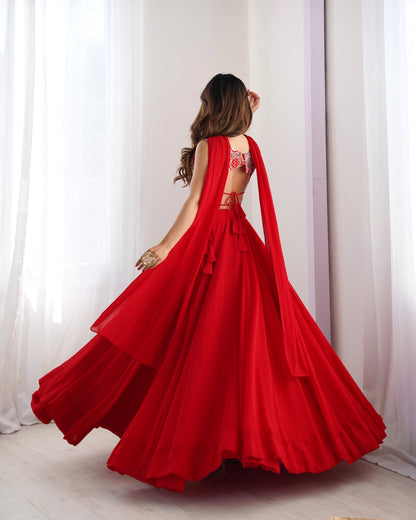 RED COLOR PURE SOFT GEORGETTE LEHENGA WITH FANCY BLOUSE FULLY STITCHED