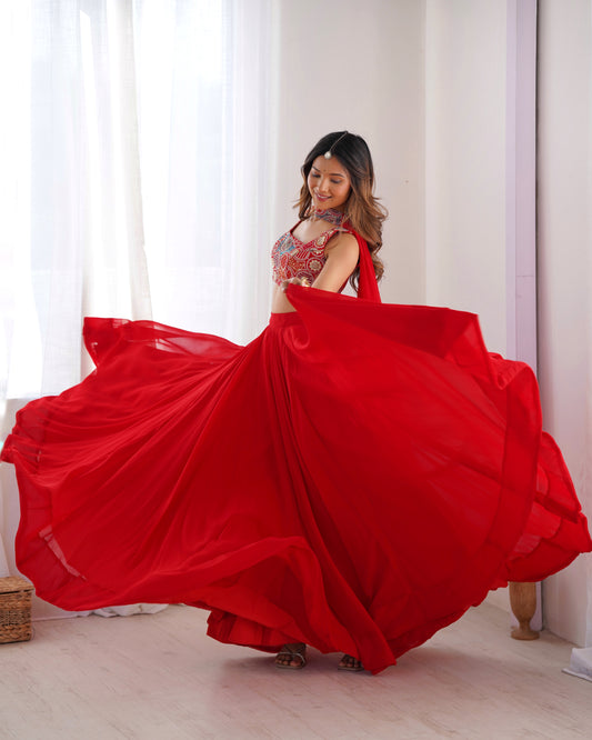 RED COLOR PURE SOFT GEORGETTE LEHENGA WITH FANCY BLOUSE FULLY STITCHED