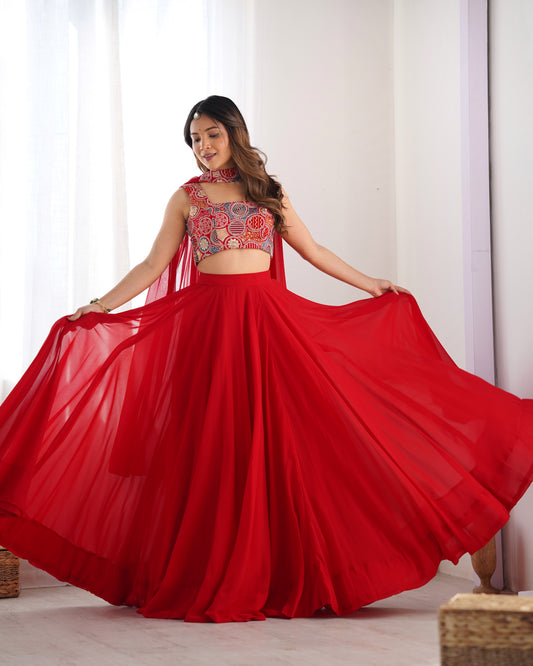 RED COLOR PURE SOFT GEORGETTE LEHENGA WITH FANCY BLOUSE FULLY STITCHED