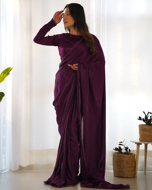 WINE COLOR MARBLE VELVET PRE DRAPPED SAREE
