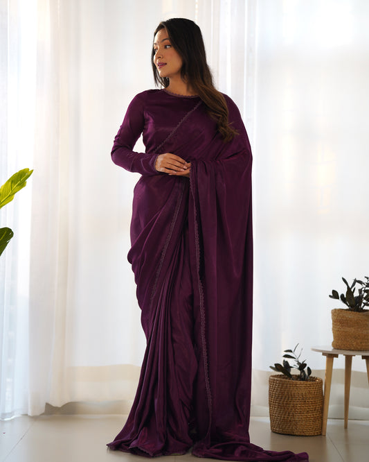 WINE COLOR MARBLE VELVET PRE DRAPPED SAREE