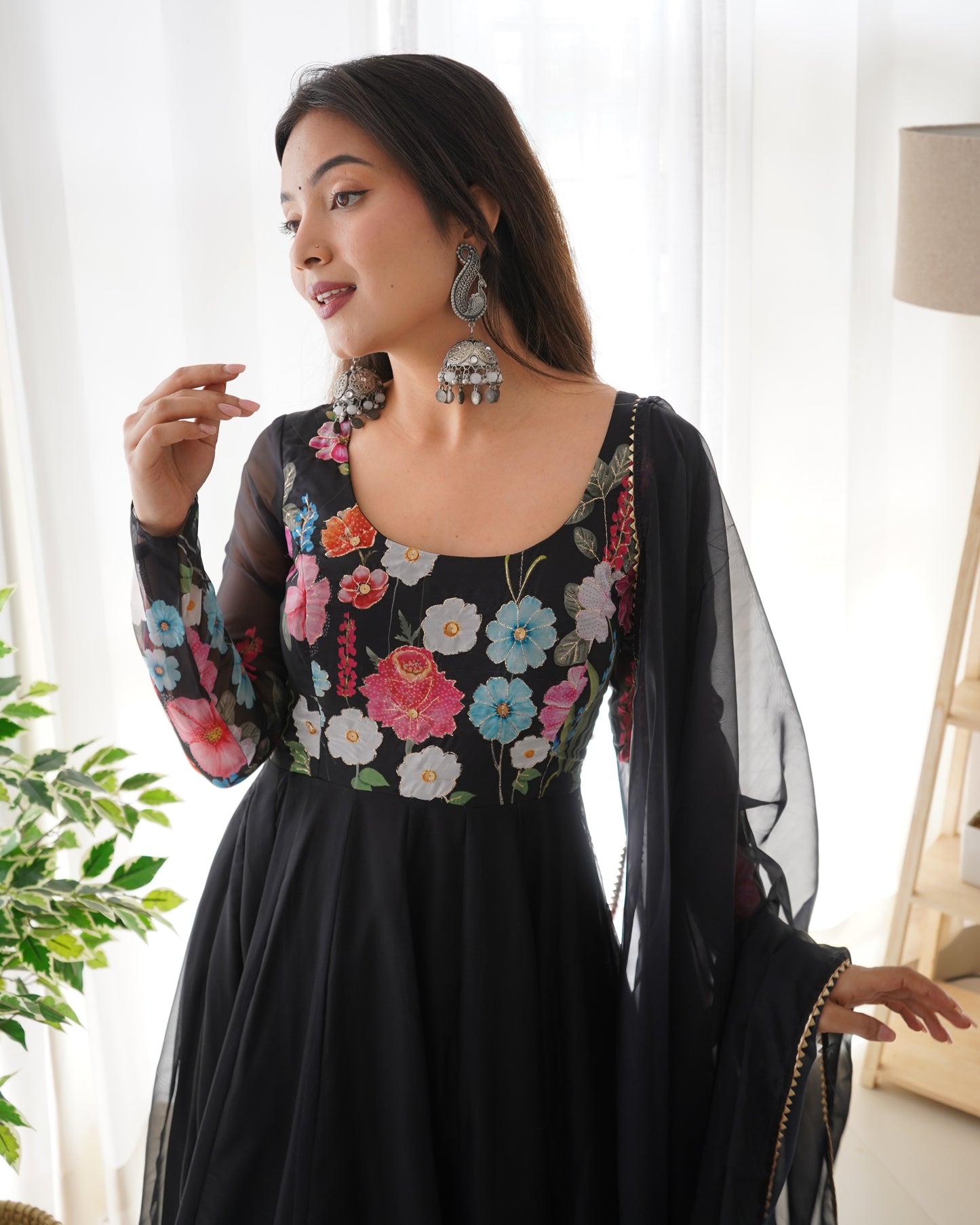 BLACK COLOR FLORAL PRINT ORGANZA ANARKALI SUIT SET OF 3