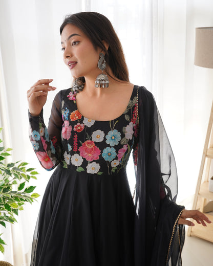 BLACK COLOR FLORAL PRINT ORGANZA ANARKALI SUIT SET OF 3