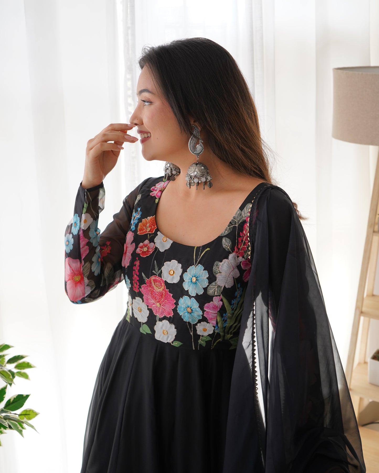 BLACK COLOR FLORAL PRINT ORGANZA ANARKALI SUIT SET OF 3