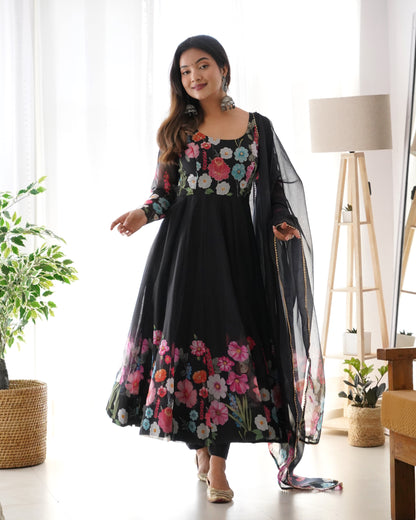BLACK COLOR FLORAL PRINT ORGANZA ANARKALI SUIT SET OF 3