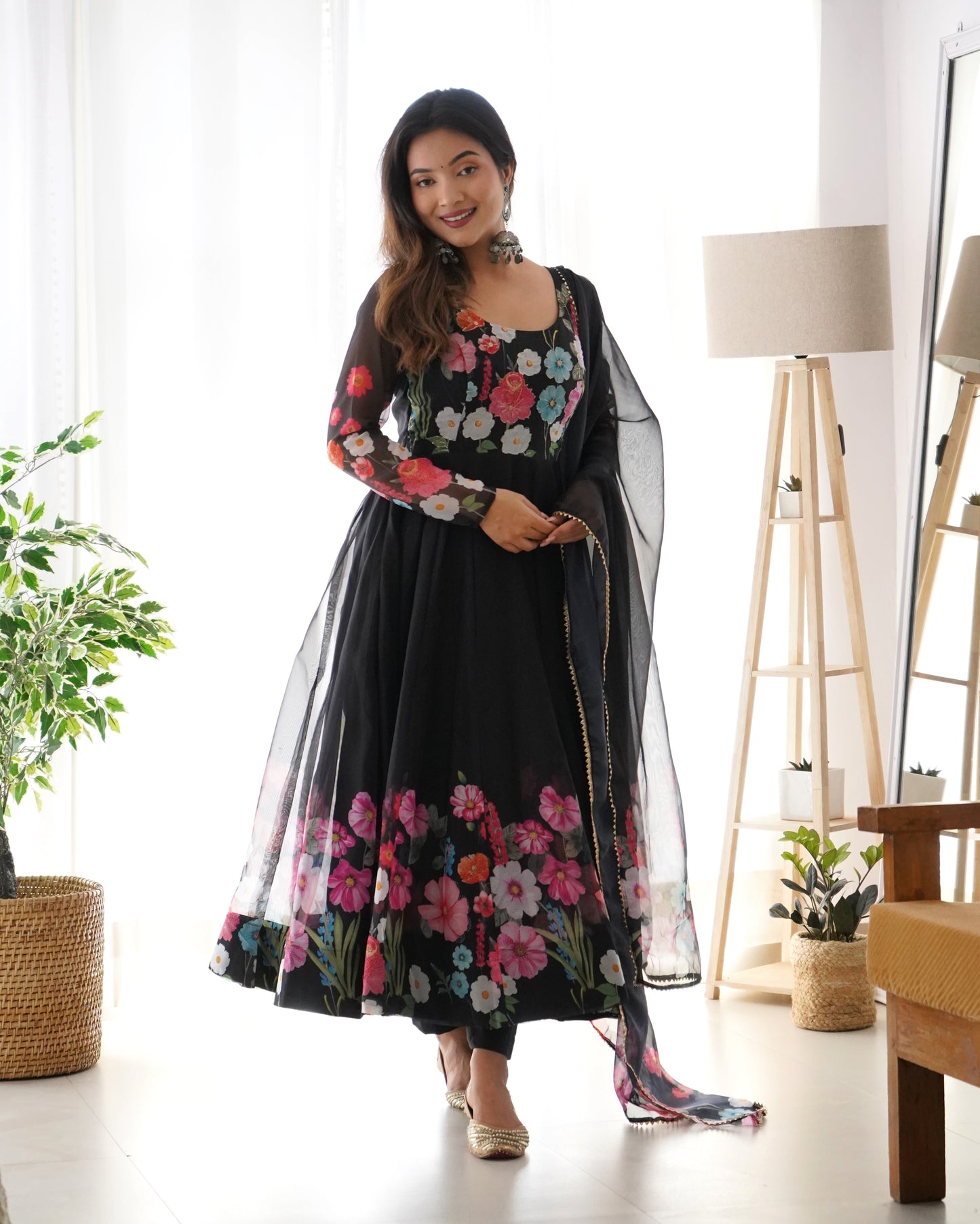 BLACK COLOR FLORAL PRINT ORGANZA ANARKALI SUIT SET OF 3