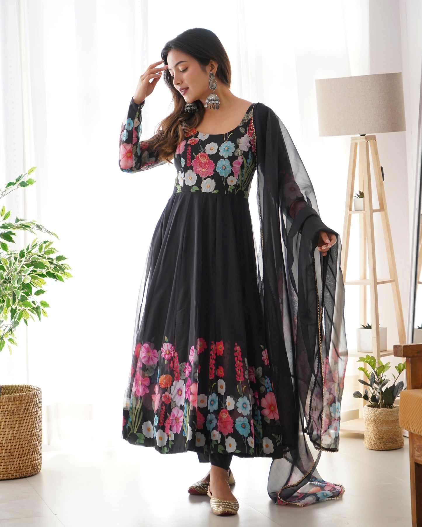 BLACK COLOR FLORAL PRINT ORGANZA ANARKALI SUIT SET OF 3