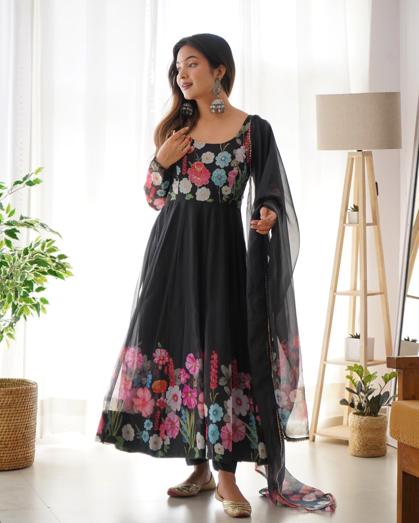 BLACK COLOR FLORAL PRINT ORGANZA ANARKALI SUIT SET OF 3