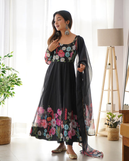BLACK COLOR FLORAL PRINT ORGANZA ANARKALI SUIT SET OF 3