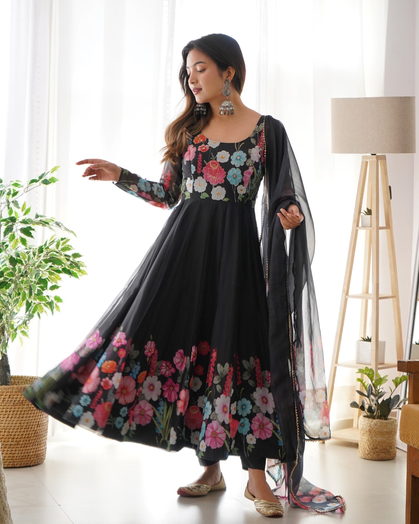 BLACK COLOR FLORAL PRINT ORGANZA ANARKALI SUIT SET OF 3