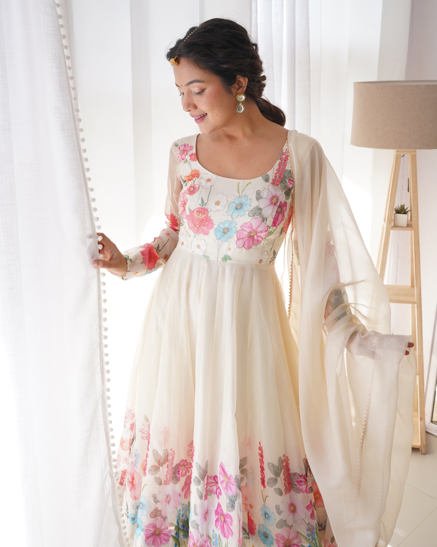 OFF WHITE COLOR FLORAL PRINT ORGANZA ANARKALI SUIT SET OF 3