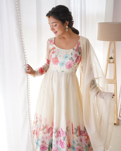 OFF WHITE COLOR FLORAL PRINT ORGANZA ANARKALI SUIT SET OF 3