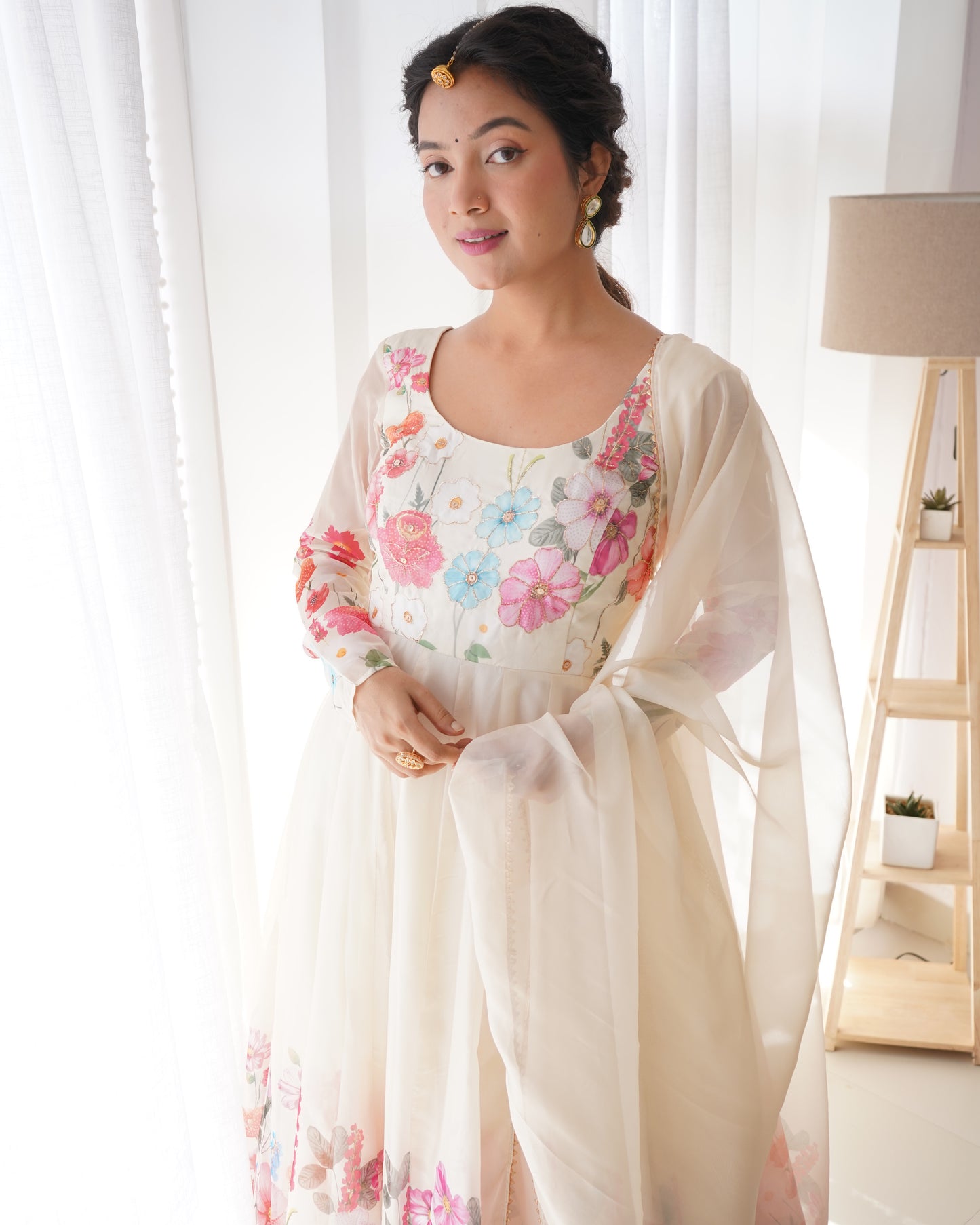 OFF WHITE COLOR FLORAL PRINT ORGANZA ANARKALI SUIT SET OF 3
